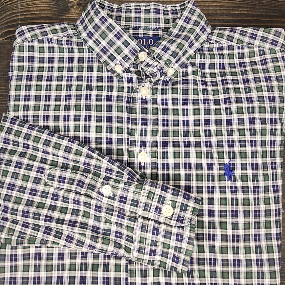 Polo‎ Ralph Lauren Boys L Navy/Green Plaid Button Down Long Sleeve Shirt